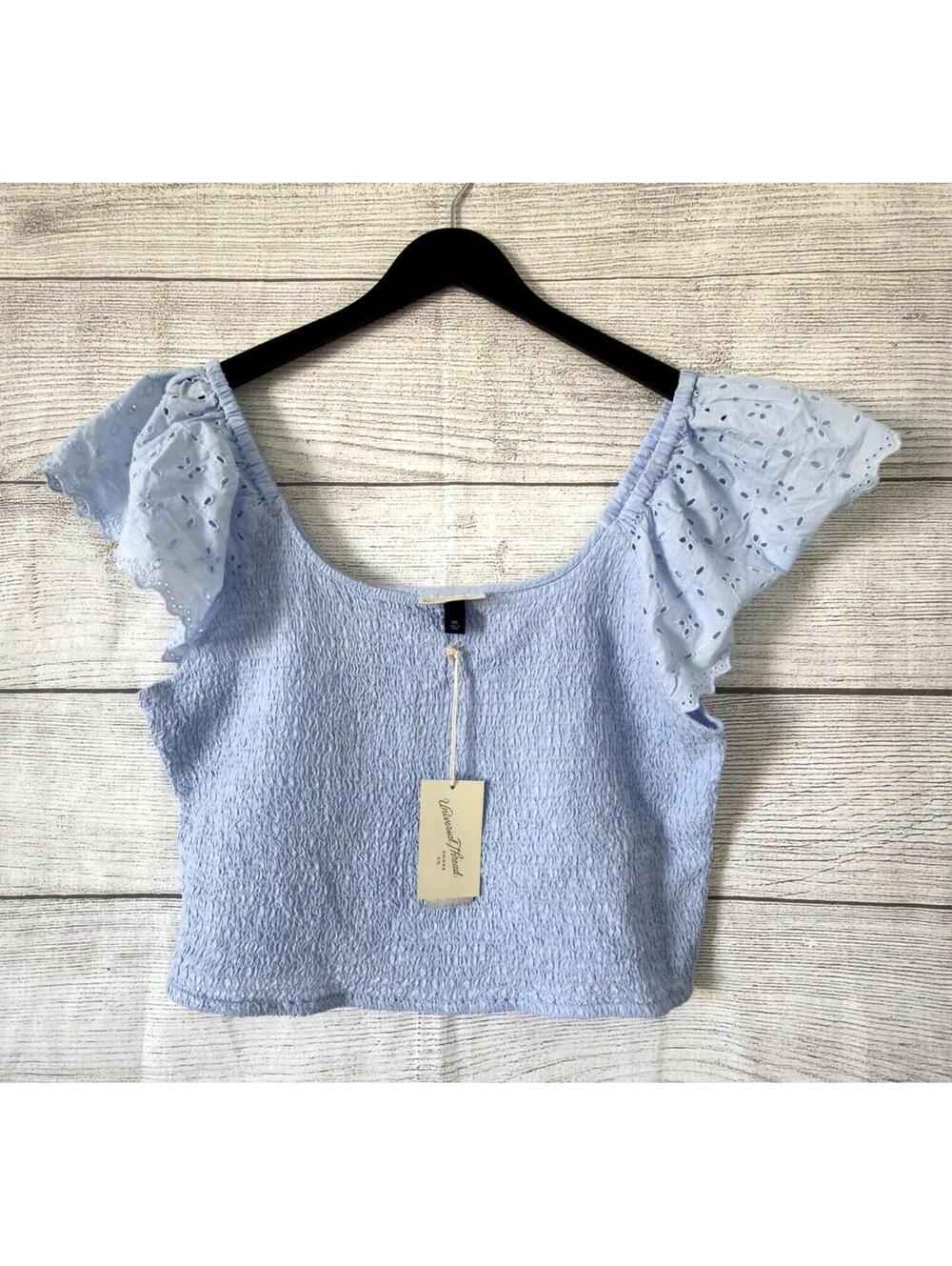 Universal Thread Light Blue Smocked Flutter Eyelet Crop Top Women Size XXL